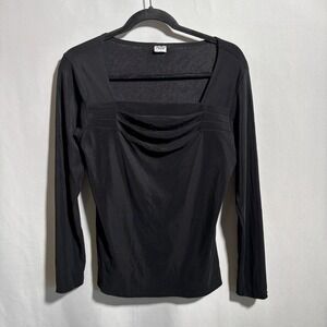 VTG 90s Black Square Neck Draped Front Long Sleeve Top Womens M Y2K Goth Stretch